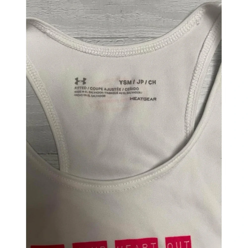 Under Armour girls white tank top pink heart play your heart out‎ youth small